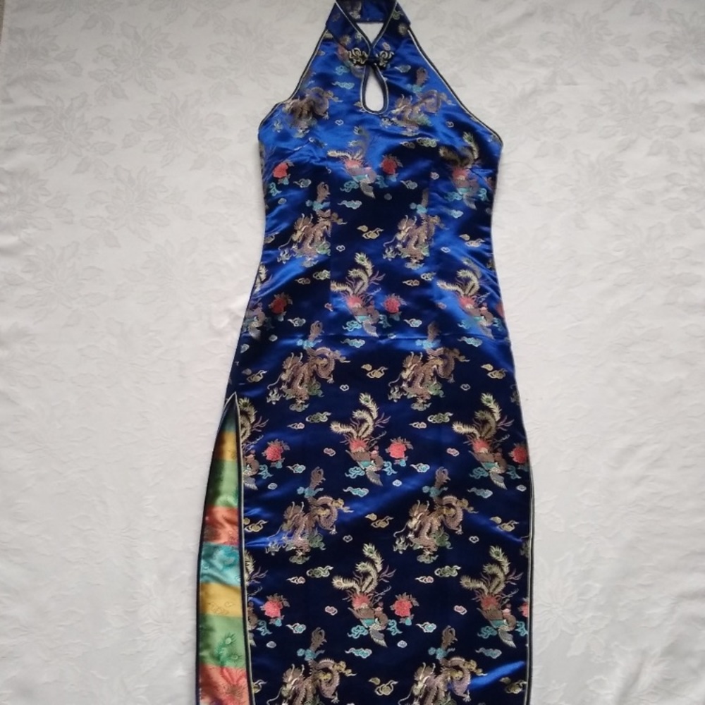 Halter cheongsam keyhole dragon royal blue